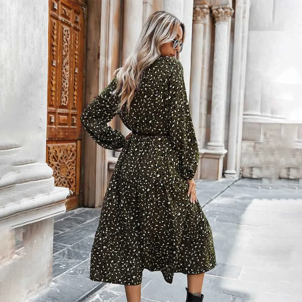 Leopard Print Long Sleeve Midi Dress for Women