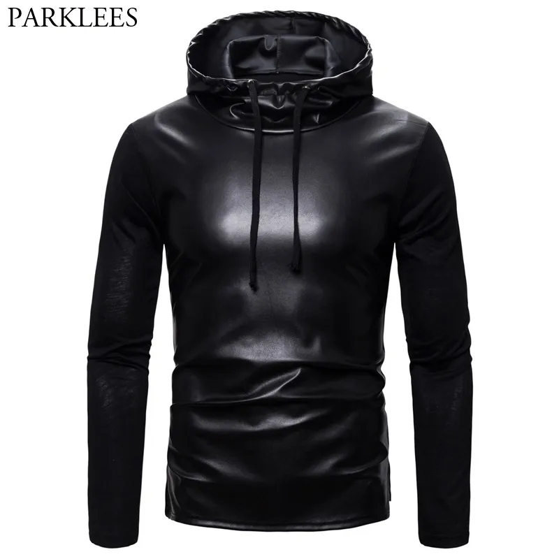 Cool Black Pu Leather Patchwork Sweatshirt Men Hooded Hip Hop Streetwear Hoodies Sweatshirs Mens Split Hem Sweat Homme 2XL 210522