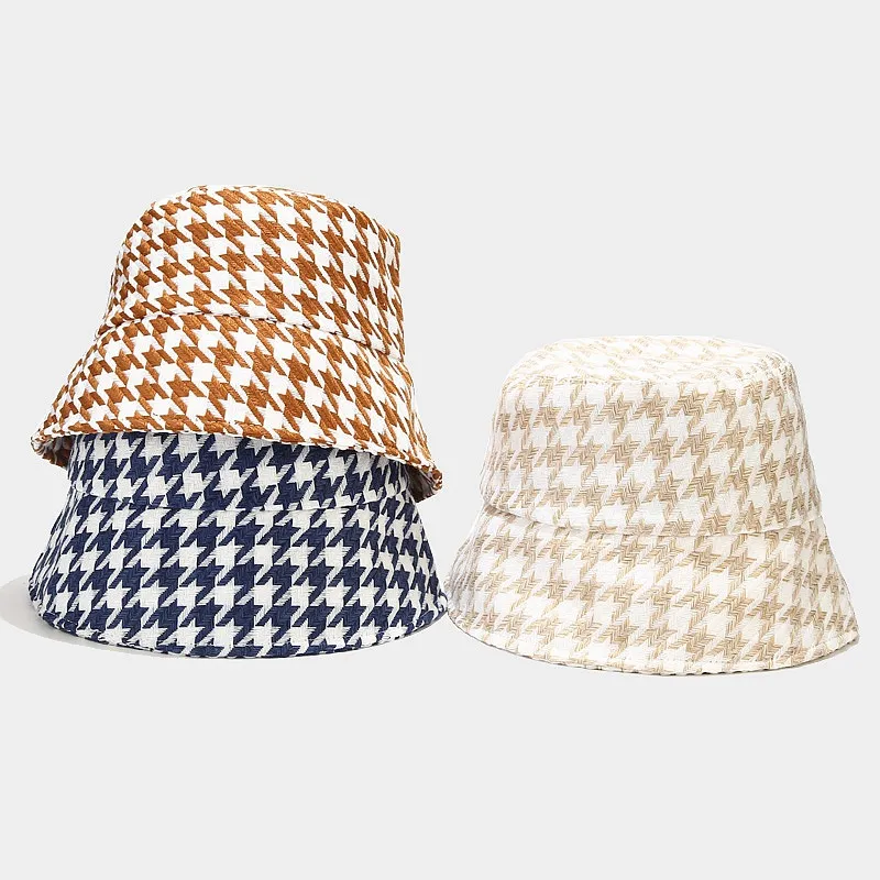 Ins Houndstooth padrão grosseiro pescador chapéu feminino grosso quente balde chapéu mulheres outono inverno casual bacia chapéu