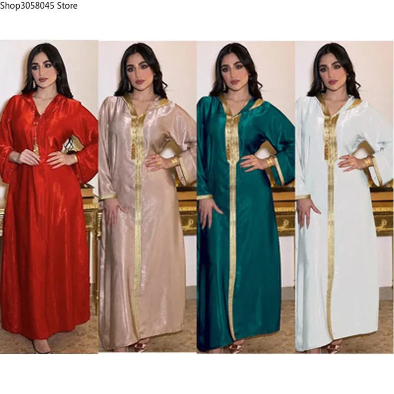 Ethnische Kleidung Elegantes Band-Maxikleid für Frauen Marokkanischer Kaftan Dubai Türkei Muslim Langarm Abaya Arabisch Jalabiat Herbst 2021