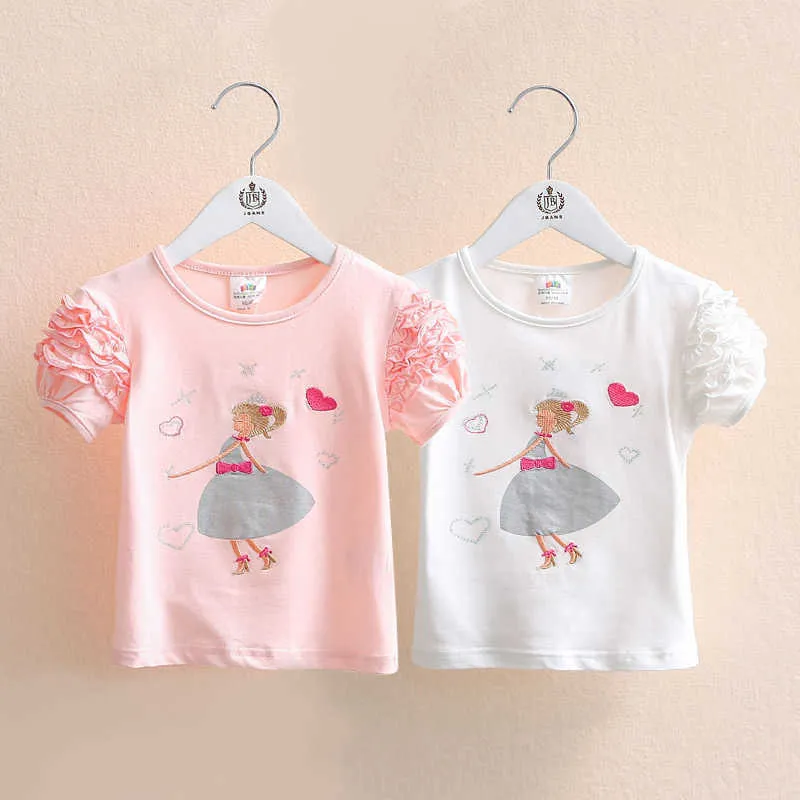 Flickor Kläder Sommar Bomull Vit Rosa Solid Färg Bow Heart Broderi Princess Kortärmad O-Neck Kids Girl T-shirt 210529