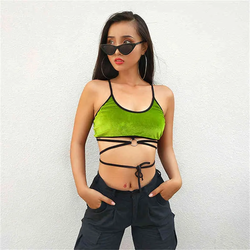Korean Version Of The Solid Color Female Vest Summer Fashion Short Paragraph Sexy Camisole Tie Gold Velvet Top X0507
