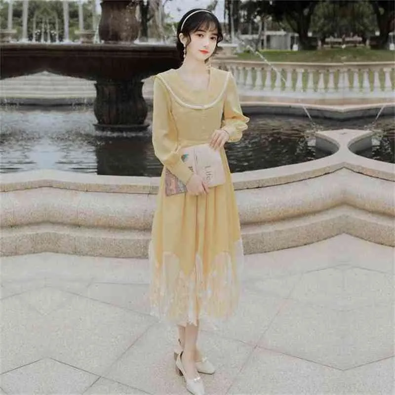 Midi Vintage Long Women Dress Elegant Mid-calf Sailor Collar Fit and Flare Yellow Vestidos Sleeve Spring 210603