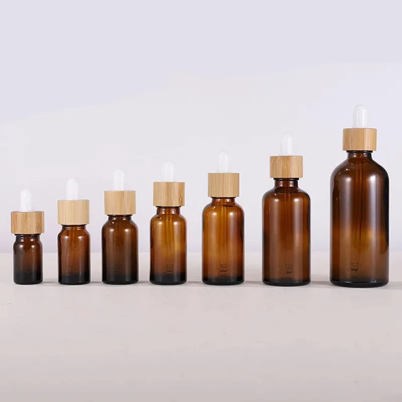 1 Ounce Amber Glass Dropper Bottles for Essential Oil with Bamboo Cap 15ml 20ml 30ml 50ml 100ml