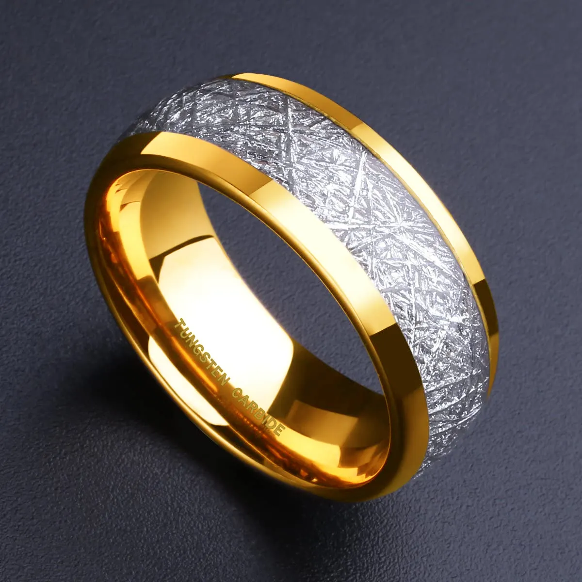 Luxe Heren Sieraden Accessoires 8mm Gouden Tungsten Carbide Ring Inlay Silver Meteorite Pattern Wedding Band voor Mannen