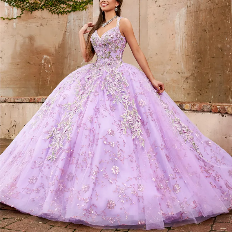 Luxe Violet Princesse Quinceanera Robes Dentelle Broderie Paillettes Robes De Soirée De Bal Robes De Quincea￱era Col Plongeant Sweet 16 Robe