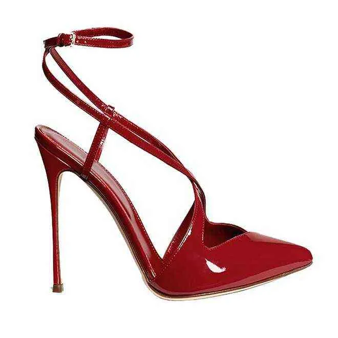 2022 Summer red women`s sandals patent leather pointed shallow mouth exposed heel high heels thin belt cross strap