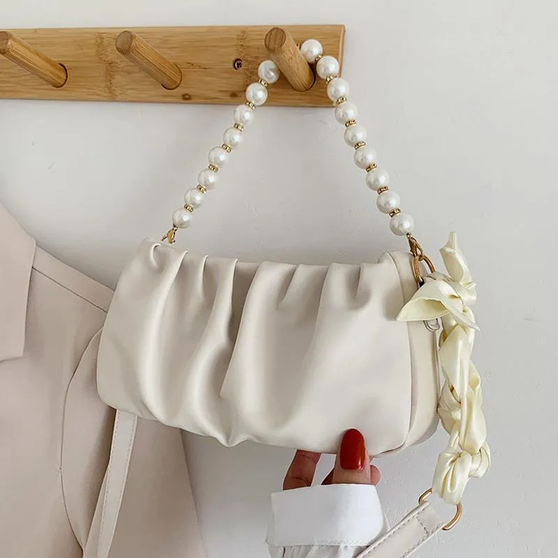 Axelväskor Ulzzang Korea Chic Casual Fashion Y2K Pearl Chain Ladies Wallet Vintage Bag Diagonal Koppling Solid Ins Harajuku