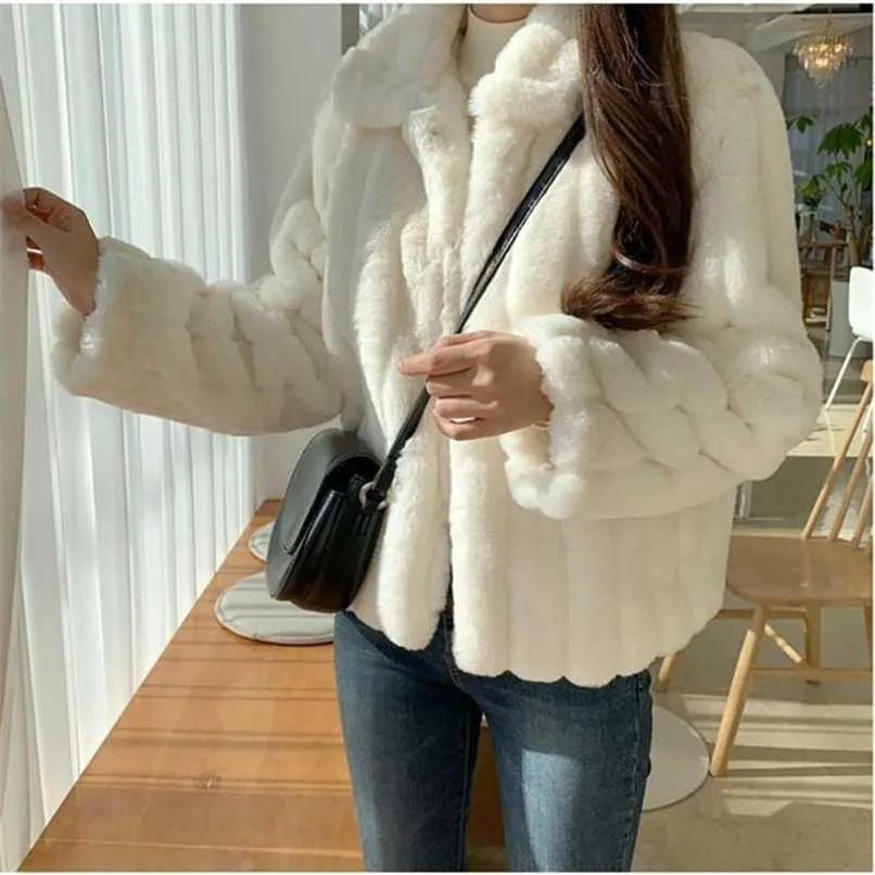 Casaco de pele de coelho feminino inverno branco quente confortável faux casaco de pele manga comprida oversize pele artificial sobraática feminina 211129