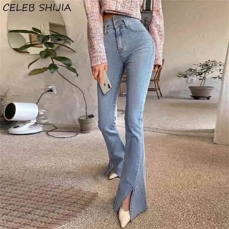 SHIJIA Chic Bell Denim Jeans Donna Pantaloni elastici a vita alta Abiti coreani azzurri Street Flare Donna 210809