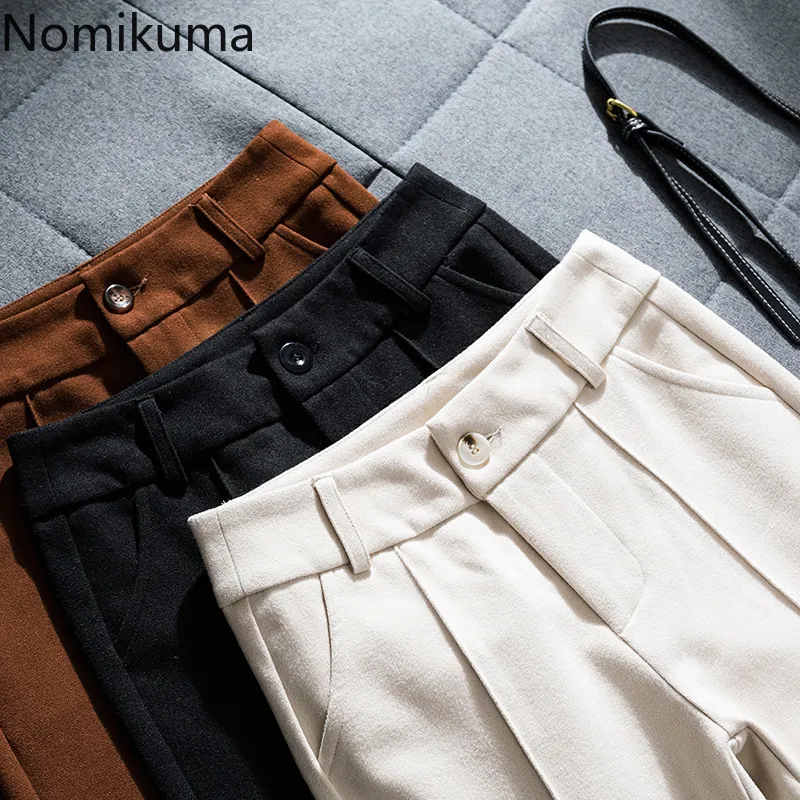 Nomikuma مستقيم فضفاض السراويل النساء الخريف الشتاء عارضة السراويل عالية الخصر الدافئة رشاقته pantalones الإناث روبا موهير 3D420 210514