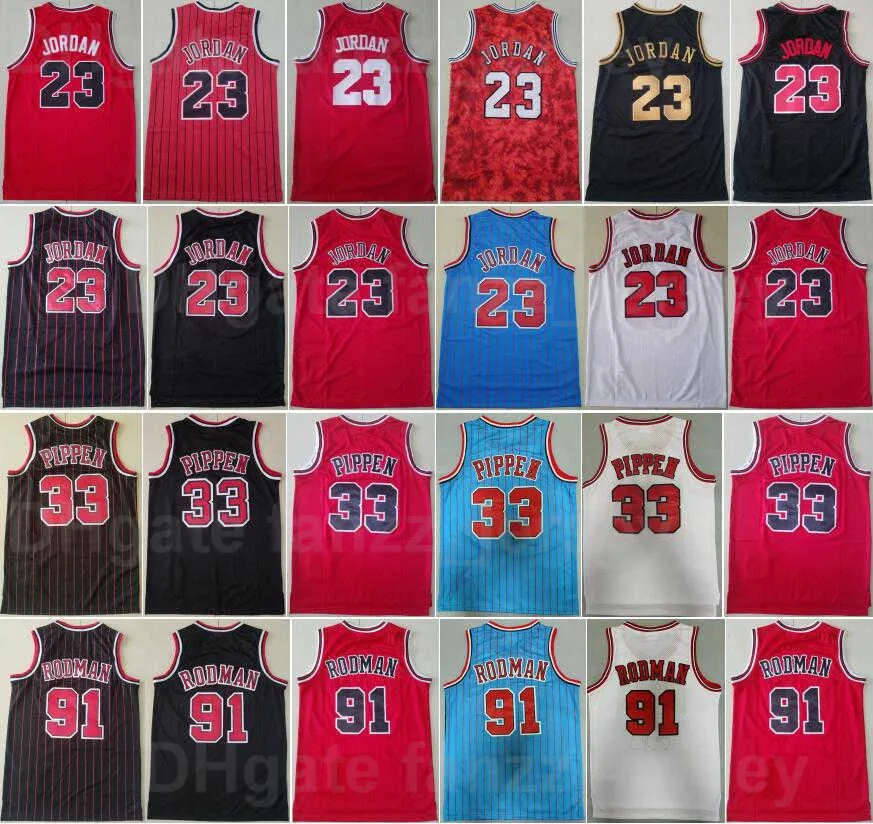 Men Vintage Basketball Scottie Pippen Jersey 33 Dennis Rodman 91 Michael 23 Stripe Black Red White Blue Color Team Retro Breathable For Sport Fans Throwback