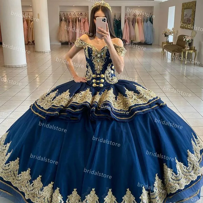 Princess Navy Blue Quinceanera Jurken met Gouden Applicaties Off The Shoulder Puffy Tulle Lace Up Birthday Sweet 16 Jurk Baljurk Prom Party Wear Vestidos de 15 Años