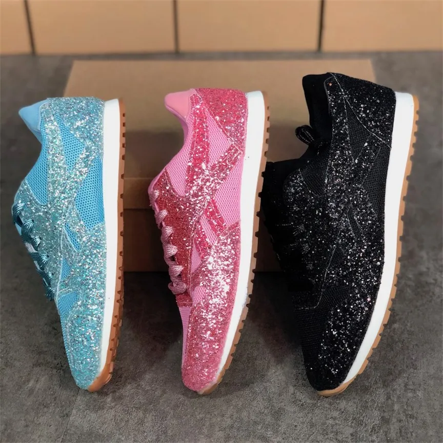 2021 Designer Women Sneakers Flat Shoes Lace up Sneaker Leather Low-top Trainers with Sequins Outdoor Casual Shoes Top Quality 35-43 W11