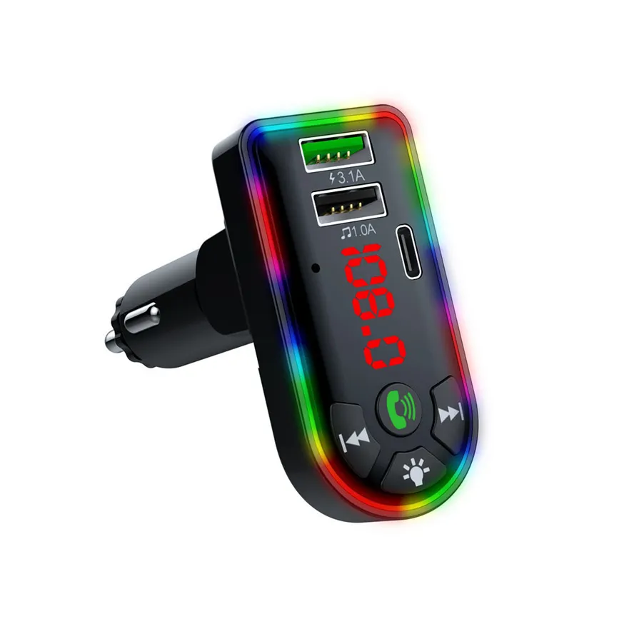 Kit per auto F7 Trasmettitore FM Bluetooth Retroilluminazione a LED colorata Adattatore wireless Vivavoce Lettore MP3 PD 3.1A + 1A Caricatore doppio USB