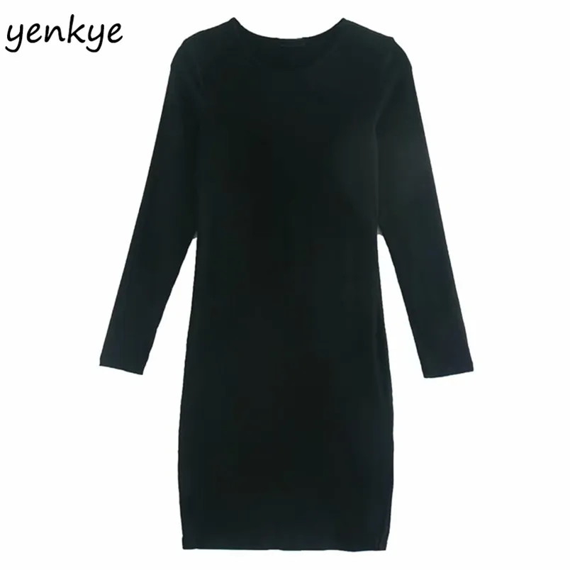 Vintage Black Thread Knit Sweater Dress Women O Neck Long Sleeve Sexy Hem Slits Autumn Female Bodycon Mini Pencil 210514