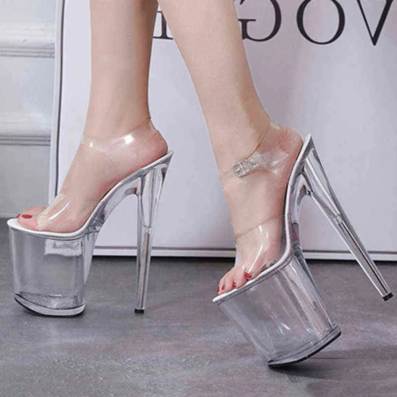 Grande taille sandales femmes plate-forme modèle T scène montre Sexy chaussures à talons hauts Transparent étanche 220309