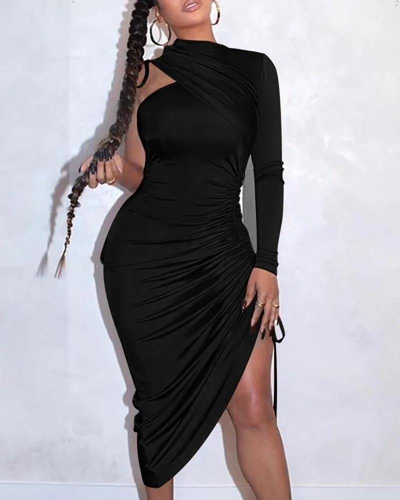 famous brandCasual Dresses Sexy One Shoulder Drawstring Ruched Bodycon Dress Women Solid Long Sleeve Mid-calf Night Club Party