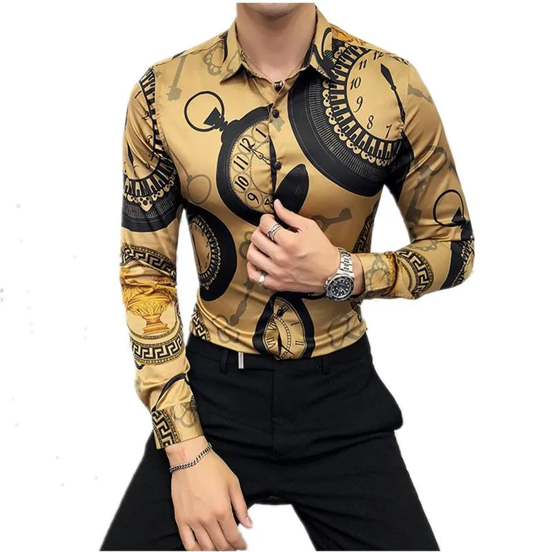 Imprimir camisa de los hombres de moda Club de moda para hombre diseñador Marca Floral Slim Manga larga Camisa Vestido de fiesta barroco camisas
