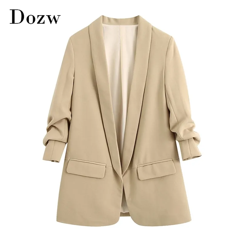 Casual Solid Blazer Kvinnor Ytterkläder Sjal Krage Fickor Office Coat Lady Tre Kvartär Ärme Elegant Feminino 210515