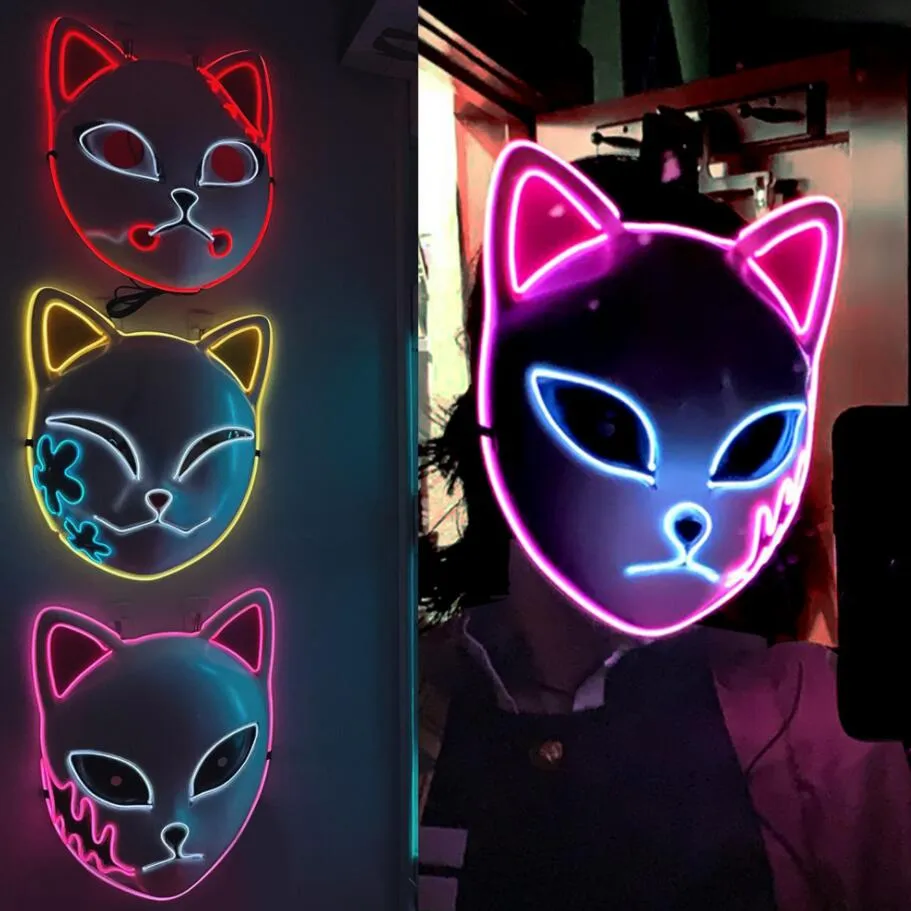 Masque de renard Halloween Party, Costume de Cosplay Anime japonais, masques LED, accessoires de faveur du Festival, 3 couleurs