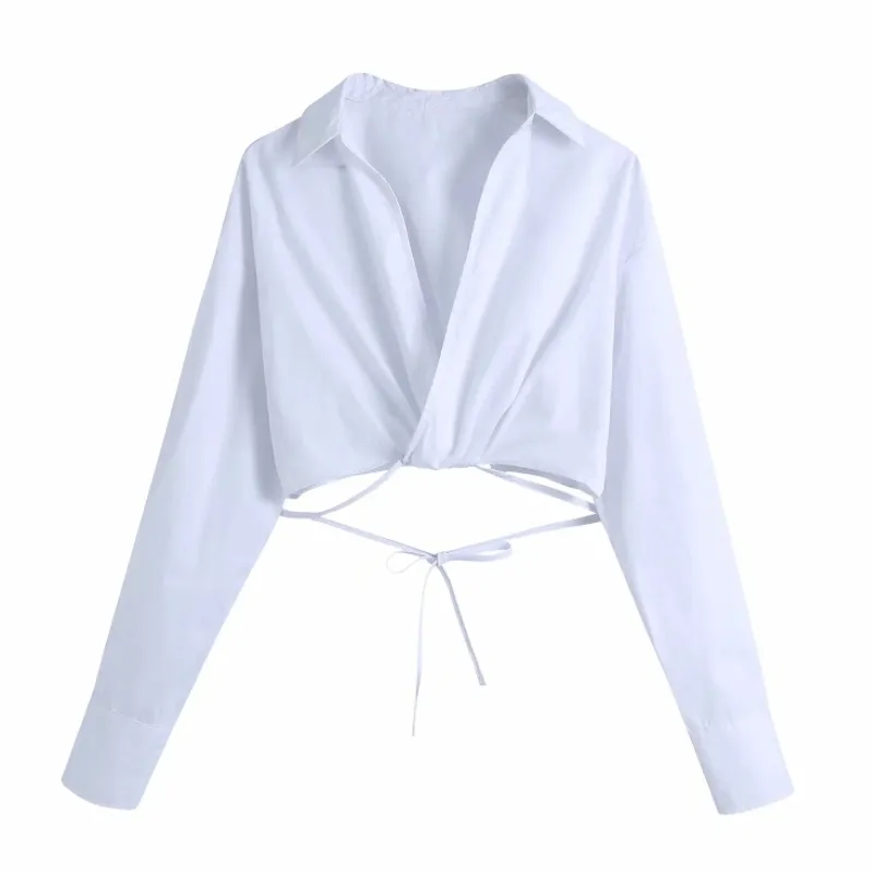 Été femmes croix col en V plissage blanc chemisier court femme à manches longues chemise décontracté dame haut court Blusas S8736 210430