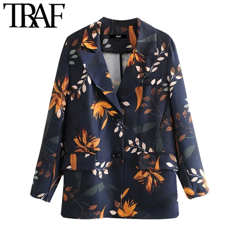 Mulheres moda escritório desgaste floral cópia blazer casaco vintage bolsos de manga comprida feminina outerwear chique tops 210507