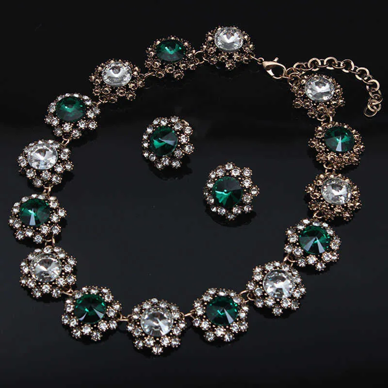 Ensembles de bijoux de mariée en cristal de luxe baroque femmes strass vert Pageant collier de fête de bal boucles d'oreilles de mariage ensemble pour la mariée H1022