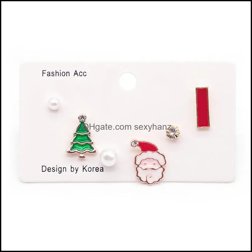 European Elk Santa Claus Snow Stud Earrings Christmas Day Gift Tree Pearl Ear Nail Women Alloy Walking Stick Heart Crystal Earring Jewelry Sets