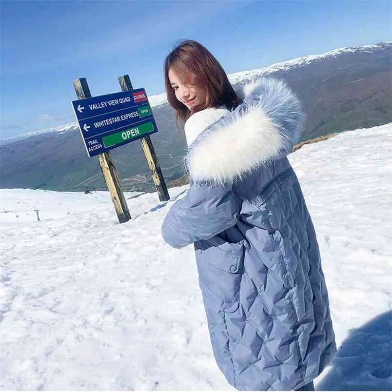 Korea Fashion Winter Jacket Fur Collar Cotton Padded Coat Women Loose Hooded Thicken Long Ladies Warm Parkas D290 210512