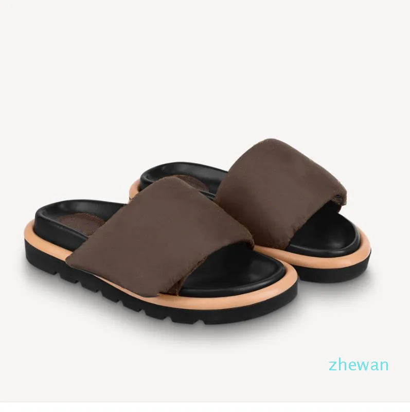 Designer fashion Women Leather Sunset Flat Slide Sandal Men Pool Pillow Slipper Down Filling Nylon Letter Printed Comfort Mule