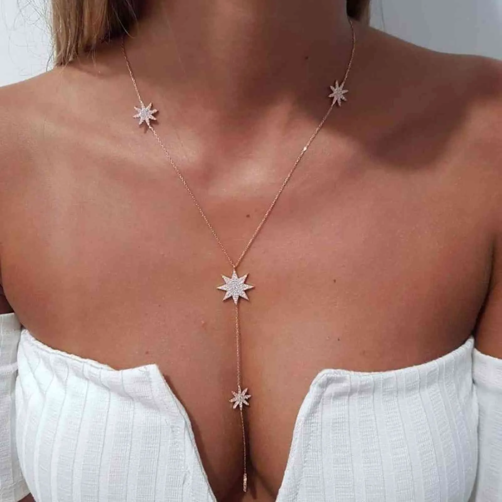 style sexy star charm y shape long necklace for women lady tiny chain wedding necklace in gold silver color Y necklace 211123