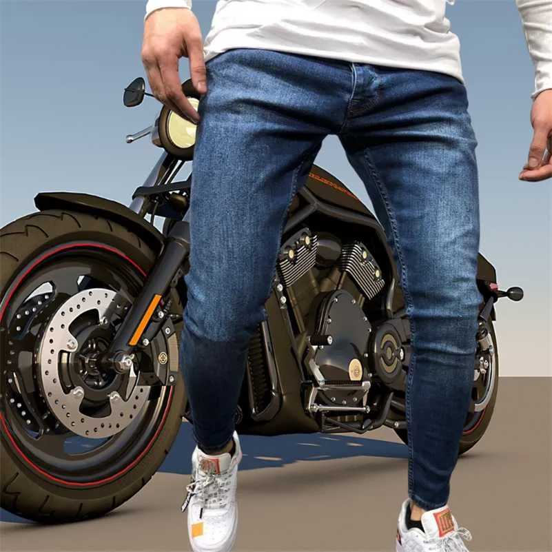 Män Skinny Biker Jeans Blå Klassisk Penna Byxor Man No Ripped Stretch Denim Trousers Street Casual Business Party Cowboy Men 211011