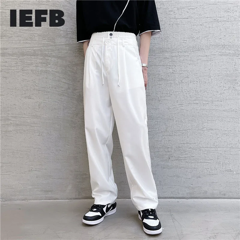 IEFB Men's Straight Casual Pants Niche Design Double Waist Patchwork Simple Loose Black White Trousers Drawstring Bottoms 9Y7082 210524