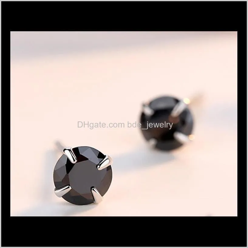 simple fashion jewelry 925 sterling silver black sapphire cz diamond gemstones solitaire women wedding party men stud earring