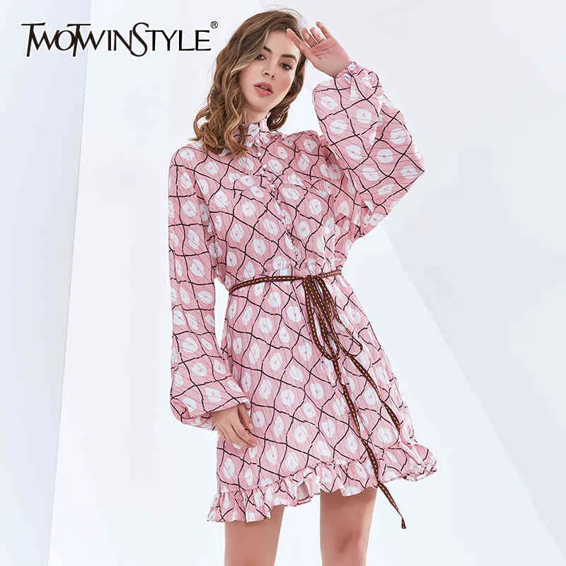 TWOTWINSTYLE Print Hit Color Mini Dress For Women Stand Collar Lantern Sleeve High Waist Lace Up Plaid Dresses Female Fashion 210517