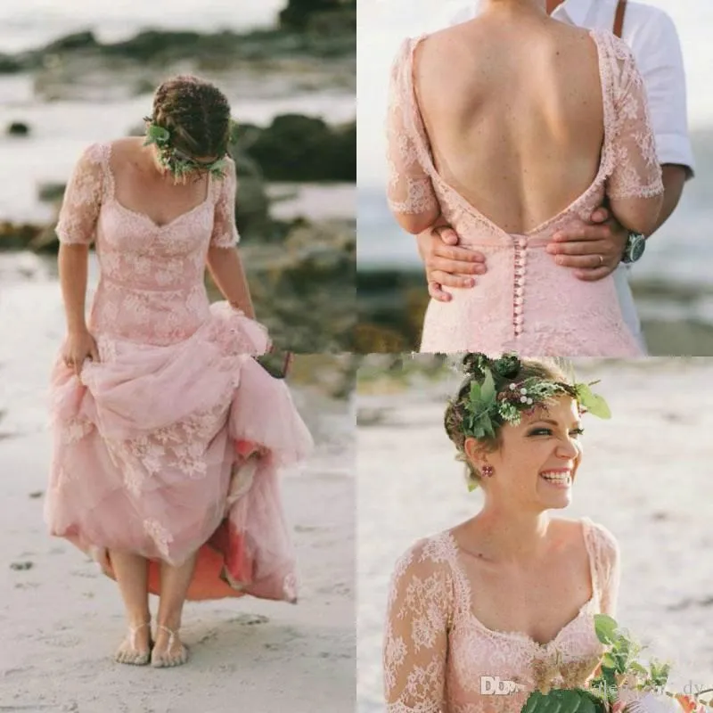 Blush Pink Beach Wedding Dresses with Short Sleeves Bridal Gown Sexy Backless Tulle Lace Applique Sweetheart Neckline Custom Made Plus Size vestido de novia