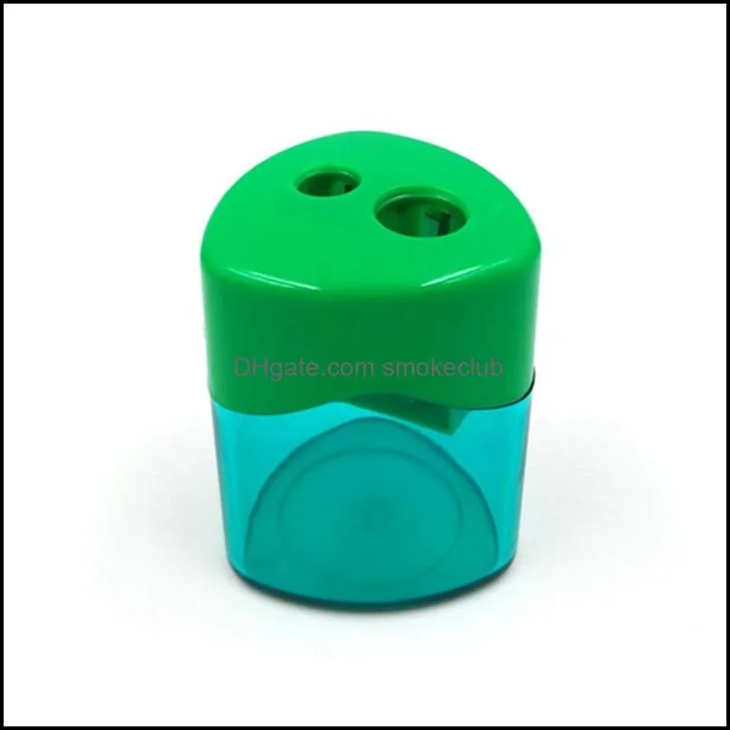 Double hole pencil sharpener Triangular Shaped Pencil Sharpener With Cover and Receptacle Red Blue Yellow and Green