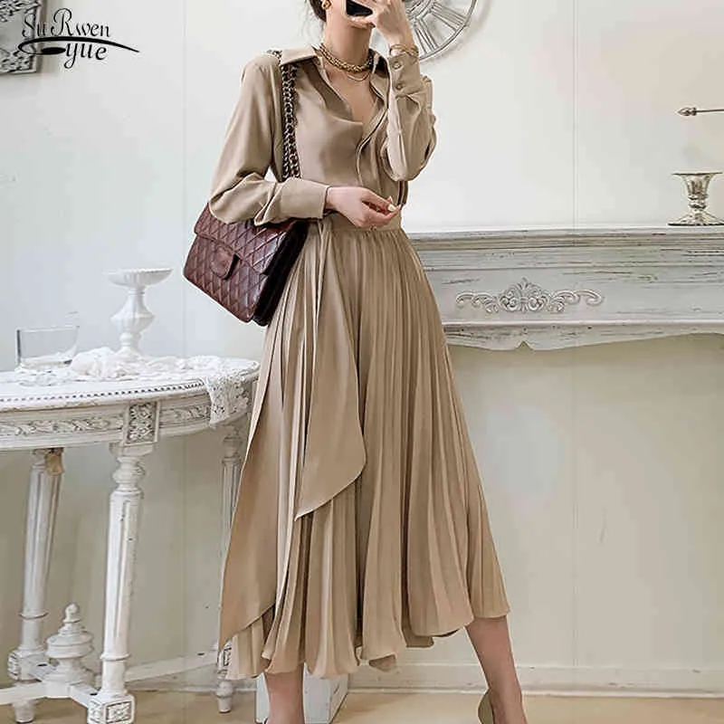 Moda Elegancka Sukienka Dla Kobiet Z Długim Rękawem V Neck Vintage Zima ES Solidna plisowana Khaki Robe Femme 12794 210508