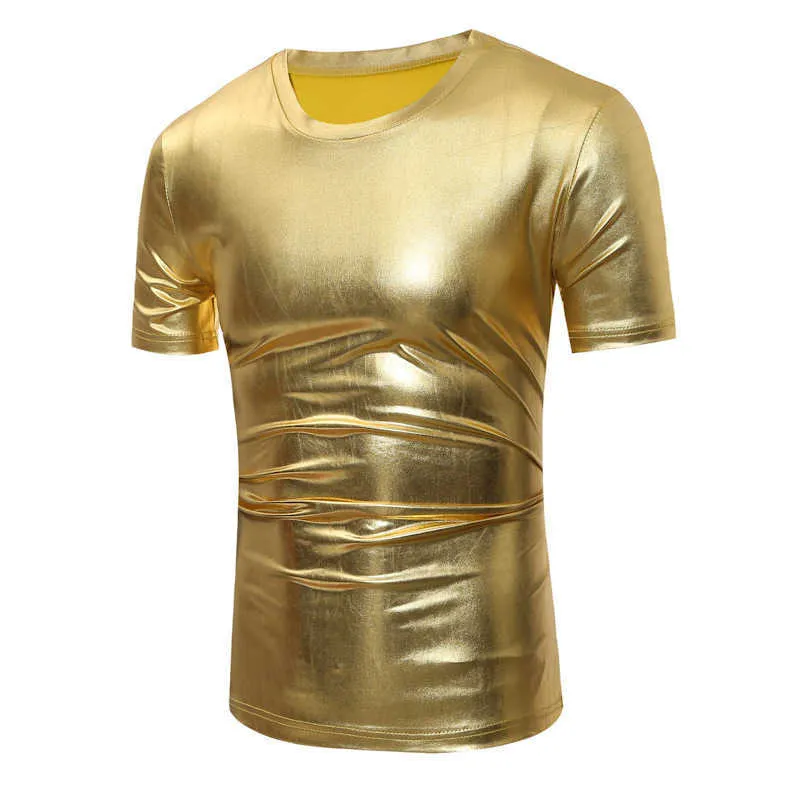 Shiny Gold Coated Metallic T Shirt Men Night Club ee Homme Slim Fit Short Sleeve -shirt Casual Hip Hop 210629