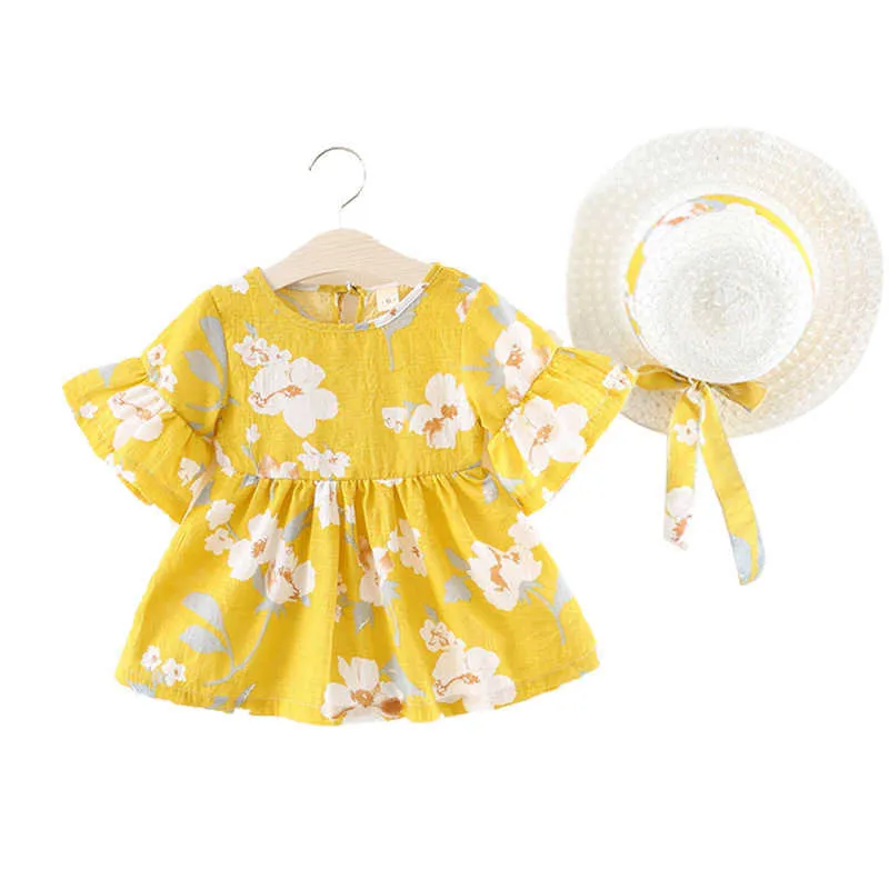 2021 Ny stilblomma Tryckta små barnklänning Flounced Princess Barnkläder 2st set Baby Girl Dress + Sunhat Summer Q0716