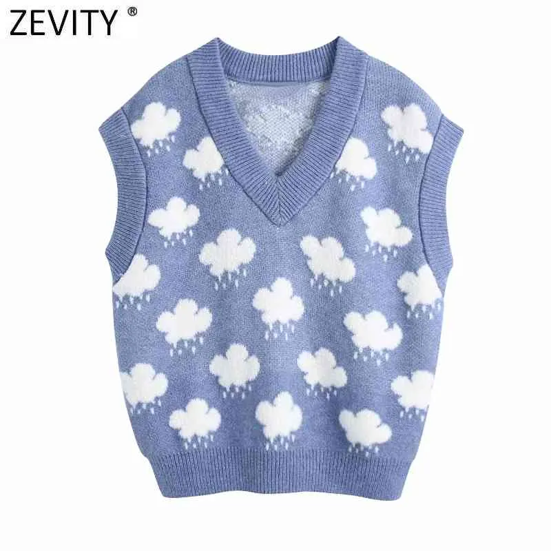 Zevity Women Fashion Vネッククラウドパターン編み物セーター女性ノースノースリーブカジュアルスリムベストシックレジャープルオーバートップS669 210805