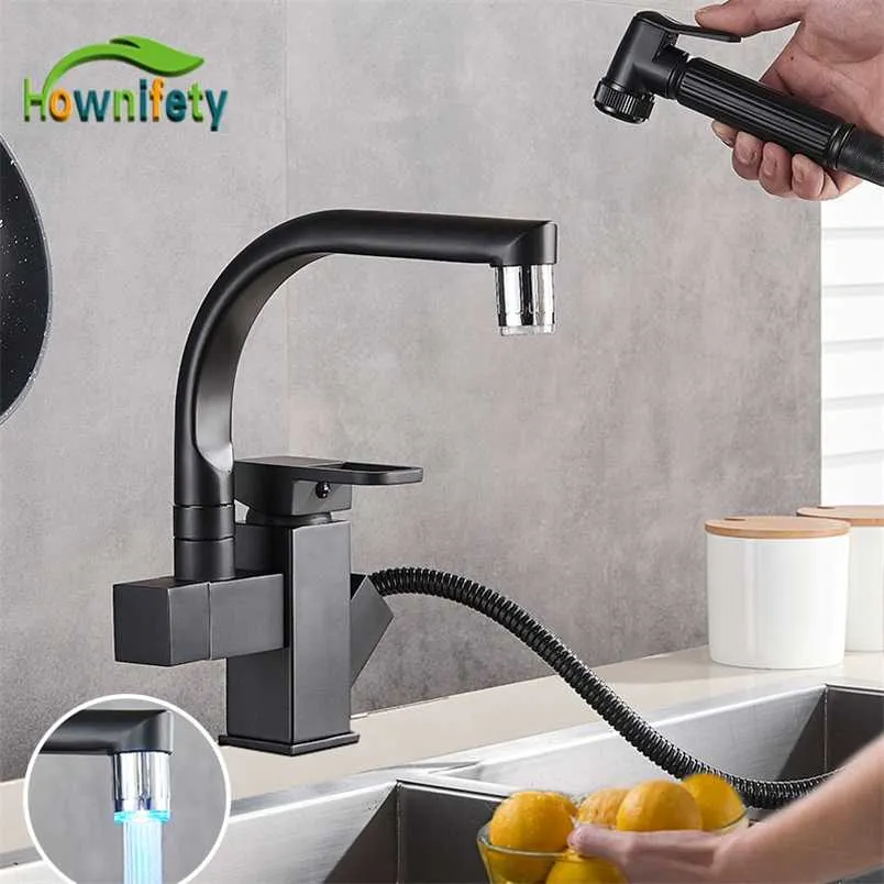 LED or Not Black Kitchen Faucet Pull Out Bidet Spray Deck Mount Cold Mixer Tap 360 Rotation Swivel Bathroom Sink Crane 211108