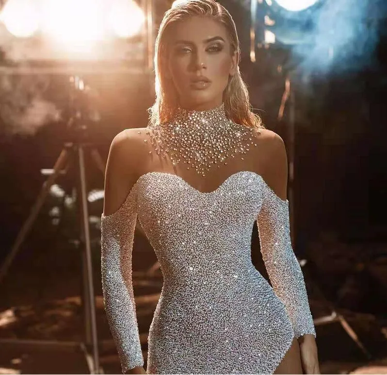 Vestido de mulher Yousef aljasmi Vestido de noite Gola alta Contas Cristais Manga comprida Sweetheart Labourjoisie Kim kardashian kylie jenner