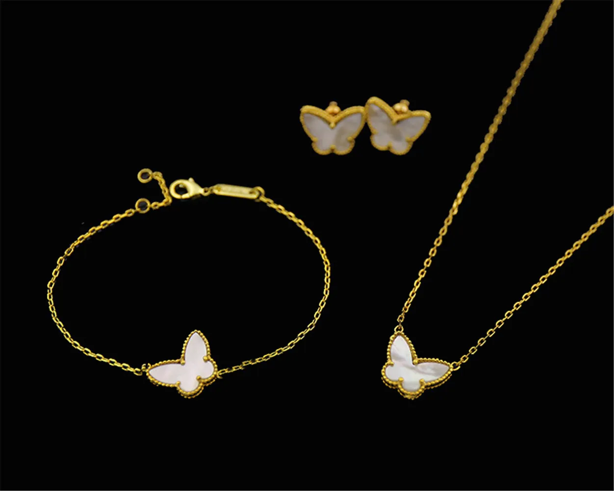 V&AF 18K Gold Fashion Classic Sweet 4/Four Leaf Clover Butterfly Bracelet Earrings Necklace Jewelry Set for S925 Silver Van Women&Girls Wedding Valentine's Day Gifts