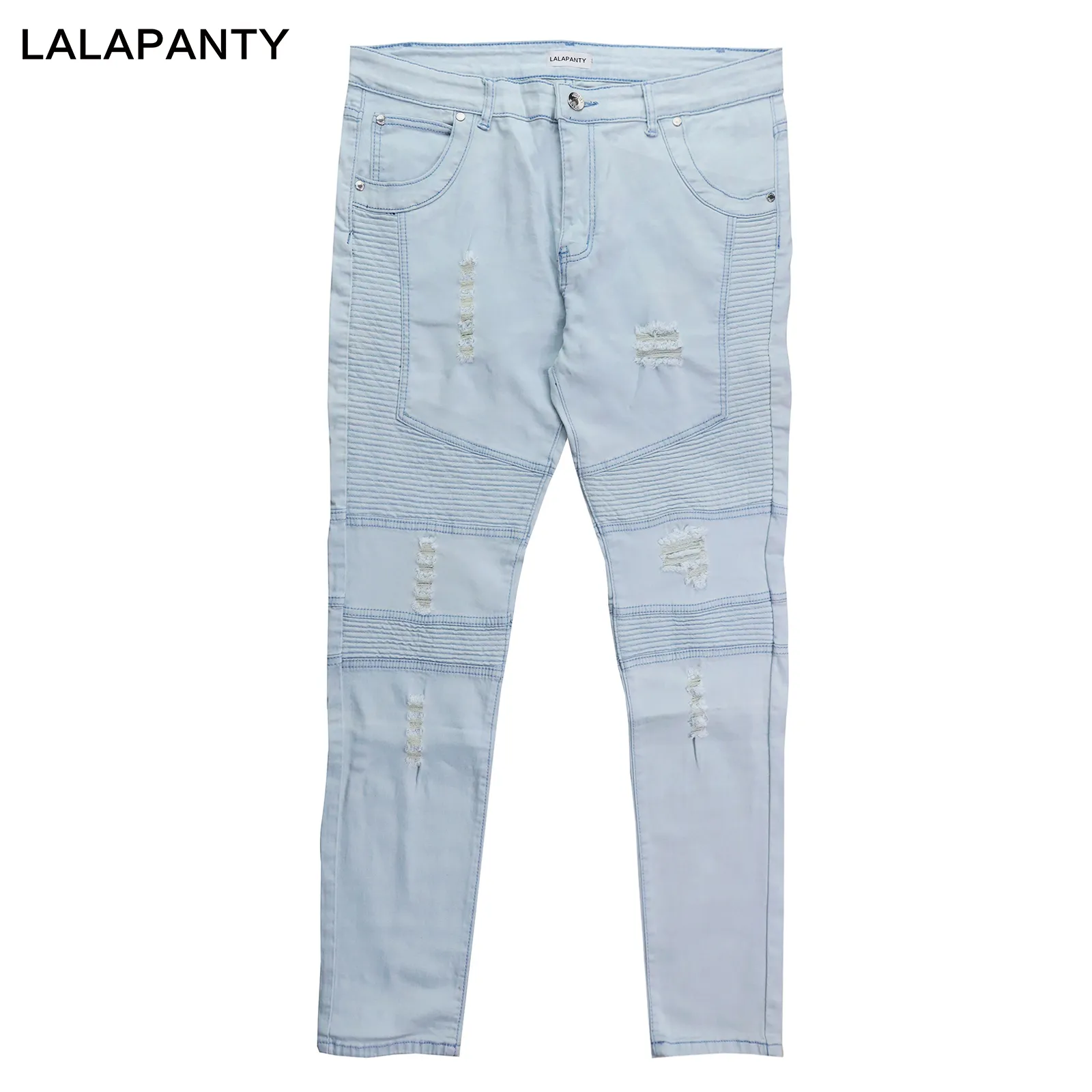 LALAPANTY Clothing Jeans slp Blue Black Destroyed Mens Slim Denim Straight Biker Skinny jean Men Ripped jeans Pants266r