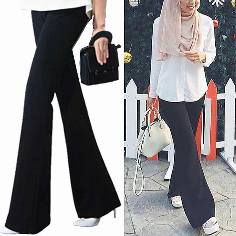 Noir élégant bureau dame OL taille élastique Flare ourlet pantalon décontracté solide minimaliste Palazzo pantalon été femmes pantalon pantalon Q0801