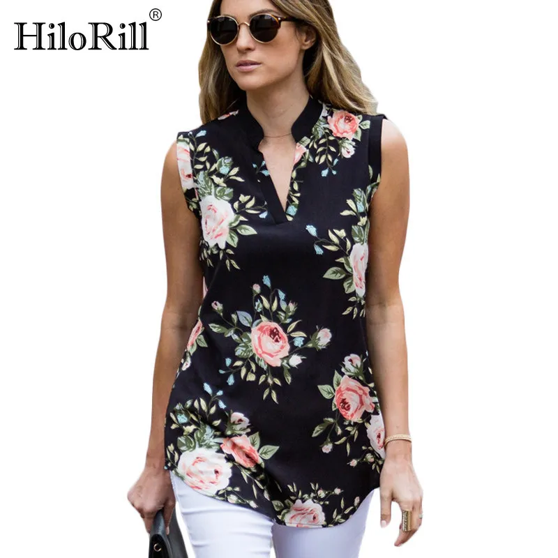 Vintage Floral Impressão Blusa Camisa Verão Sem Mangas Chiffon Sexy V Neck Mulheres Camisas Casuais Loose Chemise 210508