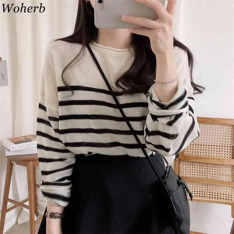Striped Long-sleeve T Shirt Women Summer Loose Tees Shirts Thin Sunscreen Sweater Korean Casual Knitted Outerwear Tops 210519