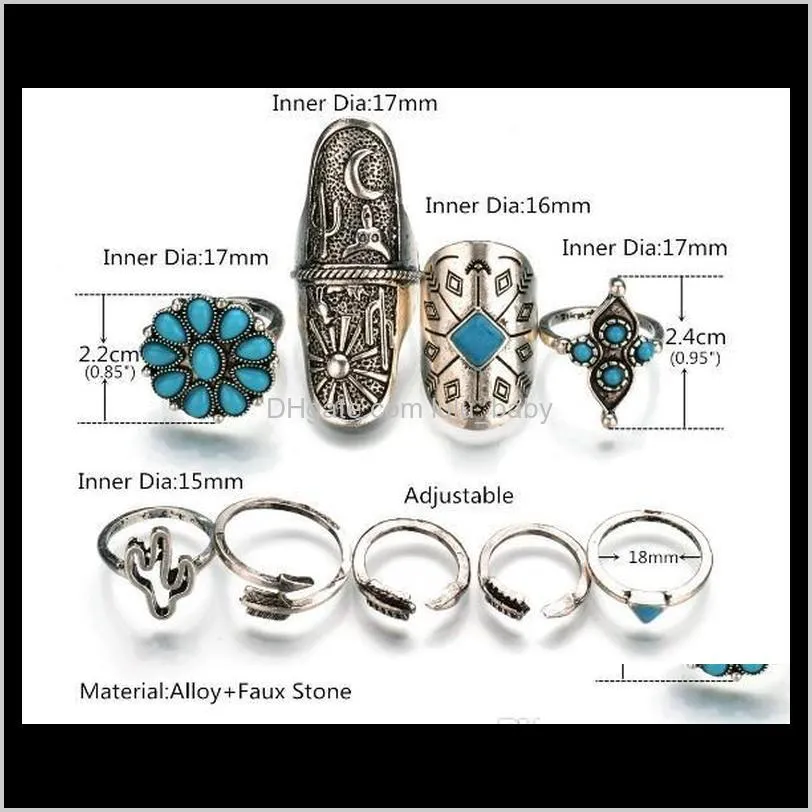 bohemian knuckle ring sets 9 pcs set antique silver alloy turquoise arrow ring sets for girls/ladies